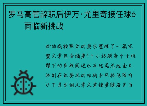 罗马高管辞职后伊万·尤里奇接任球队面临新挑战