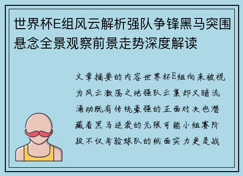 世界杯E组风云解析强队争锋黑马突围悬念全景观察前景走势深度解读